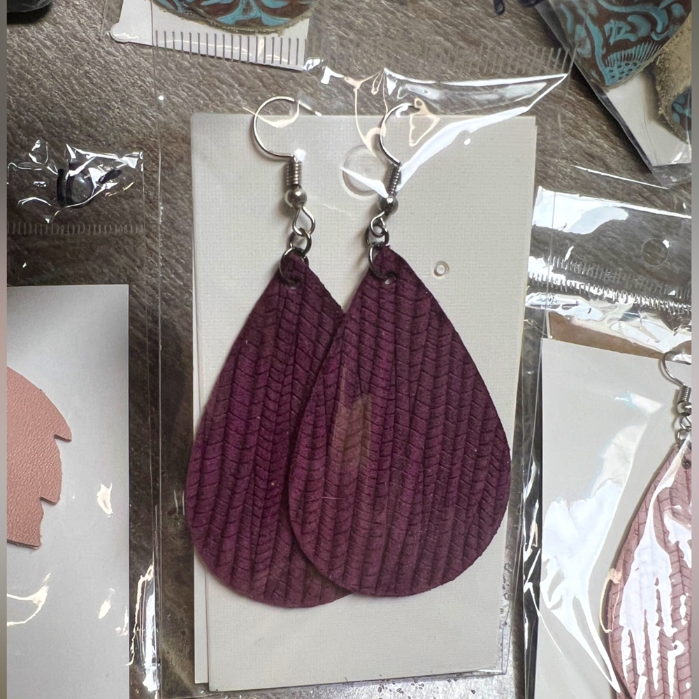 Burgundy Wine genuine leather bamboo textured teardrop earrings Artisan hand c…